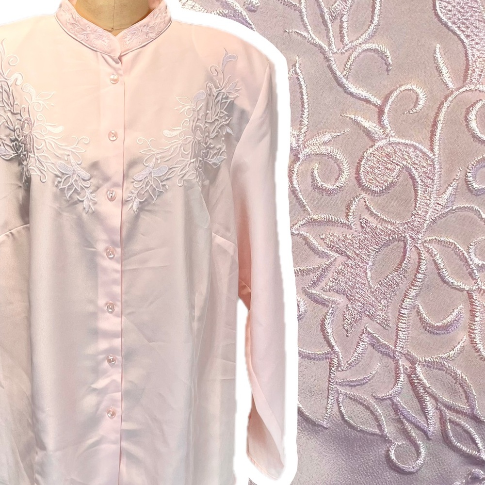 VINTAGE pink embroidered floral button down blouse collarless plus size 90s